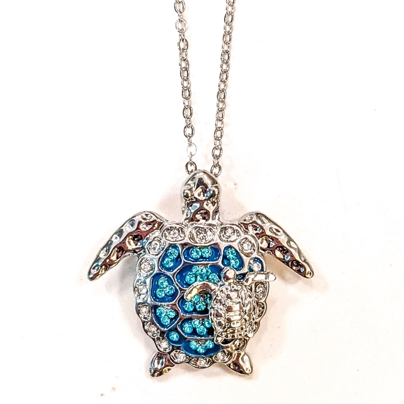 14k SAVE OCEANS Gold 2 Tone Sea Turtle Minimalist Necklace in Gold & White Gold - Picture 3 of 5